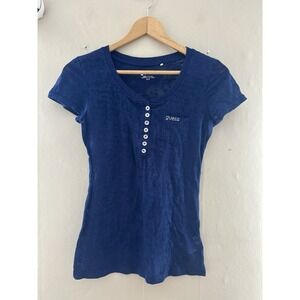 Guess Womens Y2K Babydoll Tee Sheer Size Small Blue Rhinestone Fitted Sleaze